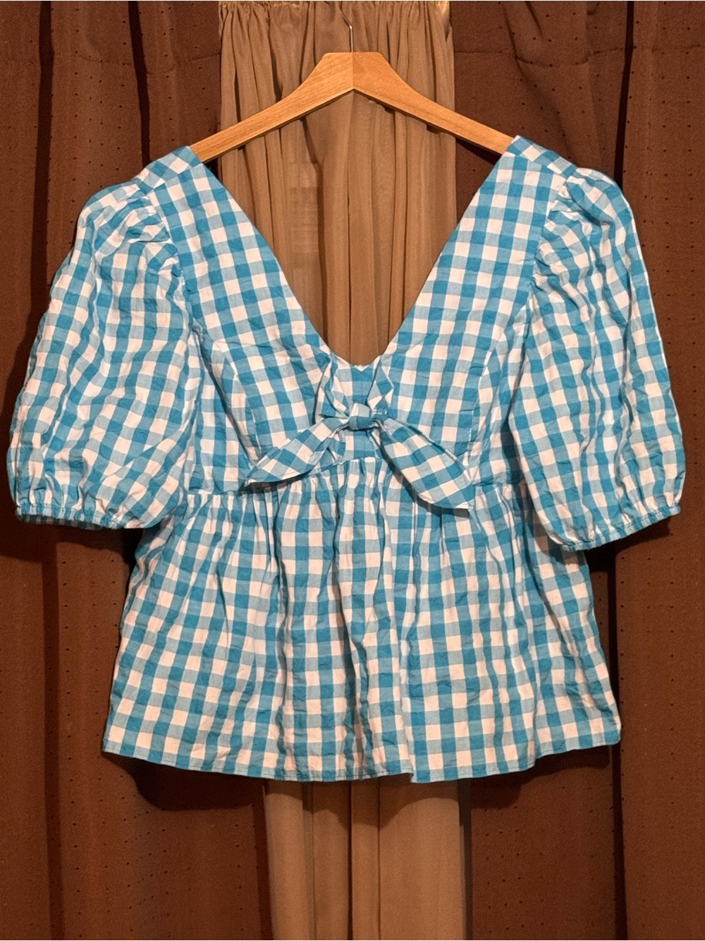Lilly Pulitzer Blue & White Gingham Puff-Sleeve Tie-Back Blouse